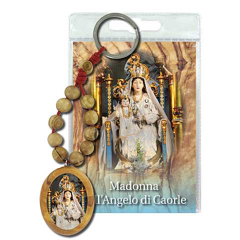 Portachiavi Madonna dell'Angelo di Caorle con decina in ulivo e preghiera in italiano