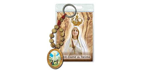 Portachiavi Madonna di Fatima con decina in ulivo e preghiera in francese