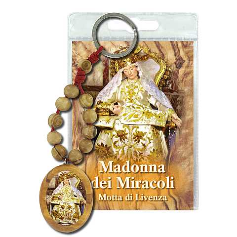 Portachiavi Madonna dei Miracoli con decina in ulivo e preghiera in italiano
