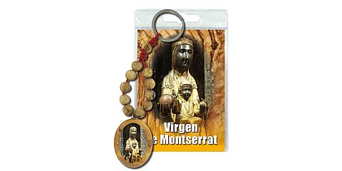 Portachiavi Madonna di Montserrat con decina in ulivo e preghiera in spagnolo