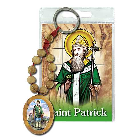 Portachiavi Saint Patrick con decina in ulivo e preghiera in inglese