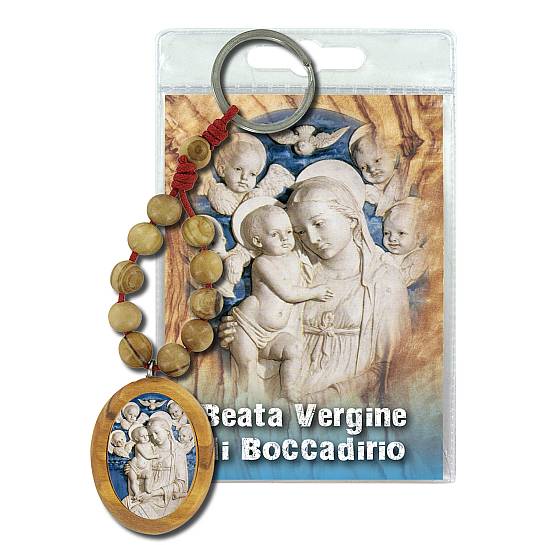 Portachiavi Beata Vergine di Boccadirio con decina in ulivo e preghiera in italiano