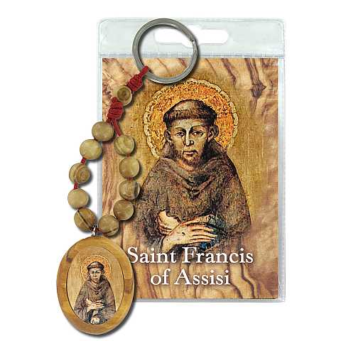 Portachiavi Sant Francesco d'Assisi con decina in ulivo e preghiera in inglese