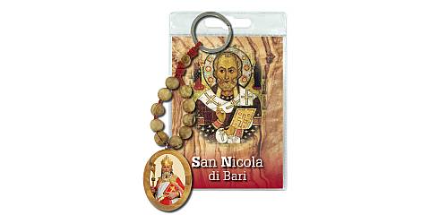 Portachiavi San Nicola di Bari con decina in ulivo e preghiera in italiano