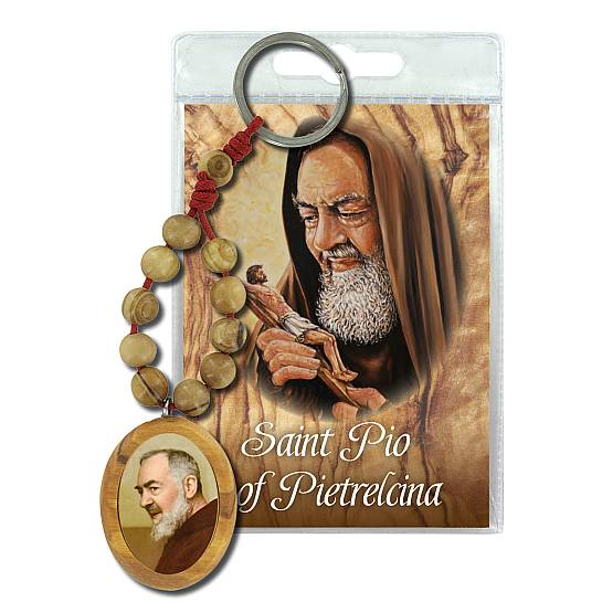 Portachiavi San Pio da Pietrelcina con decina in ulivo e preghiera in inglese
