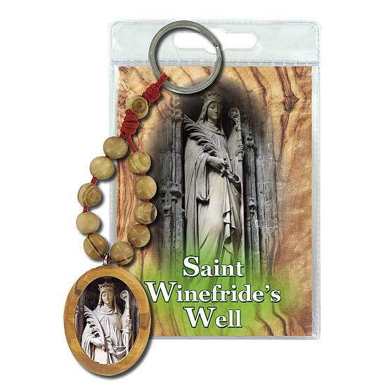 Portachiavi Saint Winefride con decina in ulivo e preghiera in inglese