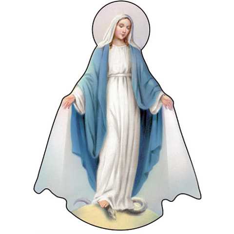 Immagine della Madonna Miracolosa sagomata su legno mdf con appoggio - 6,2 x 8,6 cm 