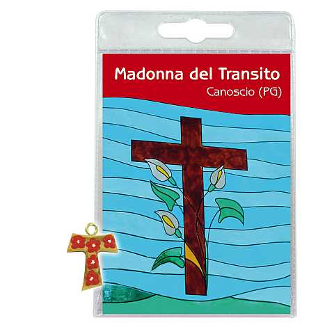 Blister (B) Madonna del Transito con croce tau in ulivo e fiori - italiano