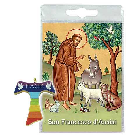 Blister (B) San Francesco con tau dipinta in legno di ulivo cm 4 - italiano