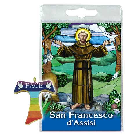 Blister (C) San Francesco con tau dipinta in legno di ulivo cm 4 - italiano