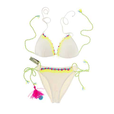 Bikini Triangolo ''Carolina Aloha'', Color Crema e Dettagli Fluo, Taglia S, IT 40