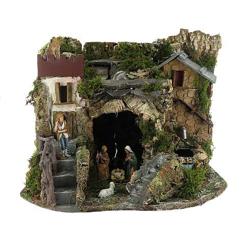 Grotta con Natività da 8 cm e Fontana Elettrica - Bertoni presepe linea Natale