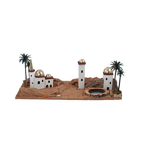 Paesaggio Arabo per Presepe Orientale, Base con Deserto, Casette Arabe e Palme, 25 x 55 x 20 Cm