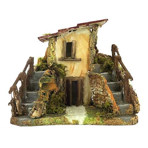 Casetta Rustica con Doppia Scalinata, Casa in Miniatura per Presepe, Materiali Vari, Multicolore, 20x15x17 Centimetri
