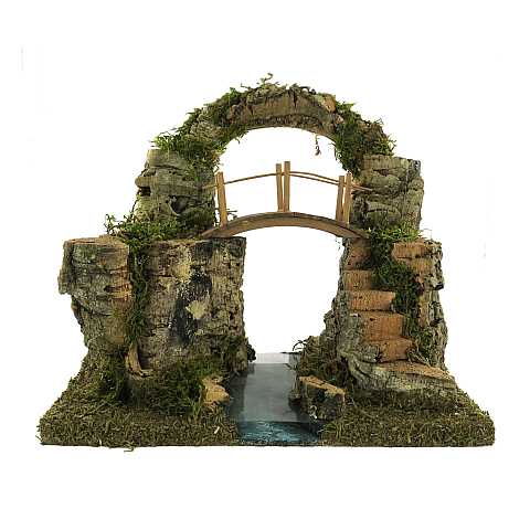 Arco con Ponte su Tratto di Fiume per Presepe, Legno, 16 x 25 x 18 Cm