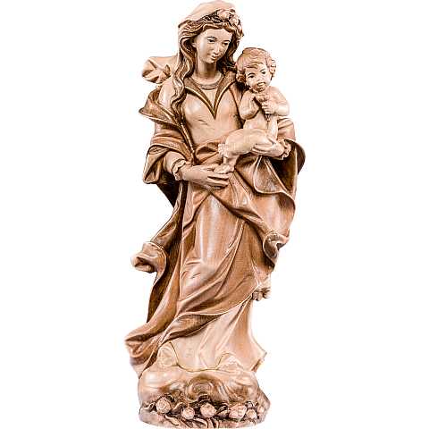 Statua della Madonna con le rose da 25 cm in legno con mordente in 3 toni di marrone - Demetz Deur