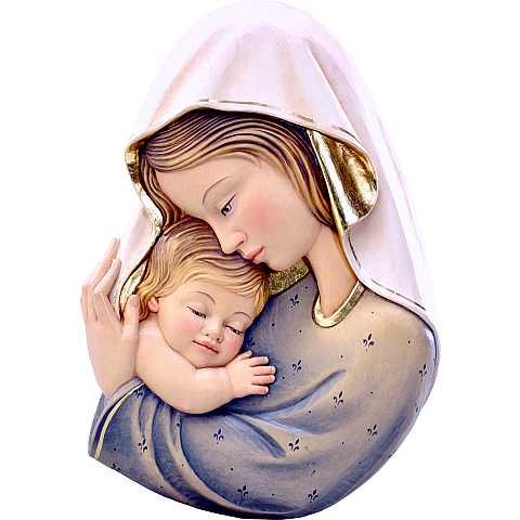 Rilievo della Madonna con Bambino da Parete, Legno Dipinto a Mano, Azzurro e Bianco, Linea da 15 Cm Circa - Demetz Deur