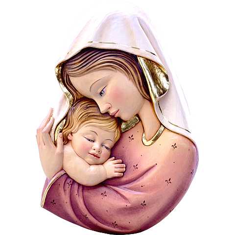 Rilievo della Madonna con Bambino da Parete, Legno Rifinito e Dipinto a Mano, Bianco e Rosso, Linea da 15 Cm Circa - Demetz Deur