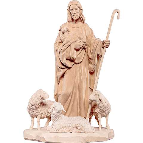 Statua di Gesù Buon Pastore con Pecore, Legno, Rifinitura Naturale, Altezza 60 Cm Circa - Demetz Deur	