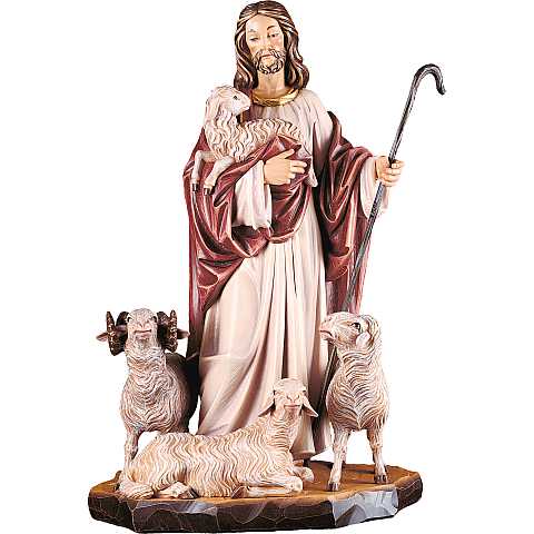 Statua di Gesù Buon Pastore Con Pecore, Legno Colorato Dipinto a Mano, Altezza 80 Cm Circa - Demetz Deur	