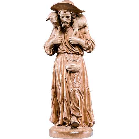 Statua del Buon Pastore in Legno, Rifinitura 3 Toni di Marrone, Altezza 13 Cm Circa - Demetz Deur