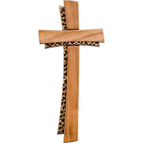Crocifisso Stilizzato Contemporaneo, Croce Moderna di Design a Doppio Profilo, Legno di Ciliegio con Color Oro, Altezza: 19 Cm - Demetz Deur