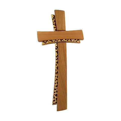 Crocifisso Stilizzato Contemporaneo, Croce Moderna di Design a Doppio Profilo, Legno di Ciliegio con Color Oro, Altezza: 38 Cm - Demetz Deur