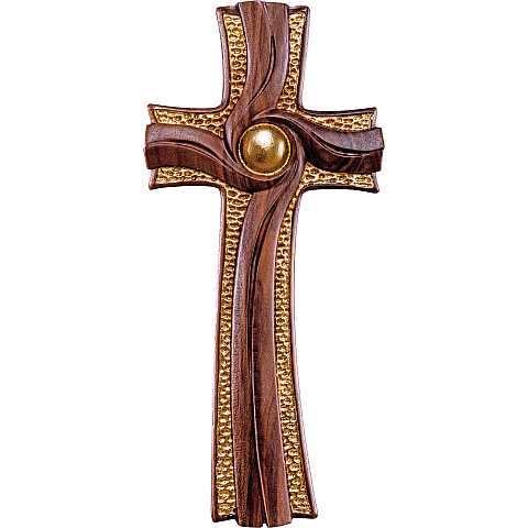 Croce della Luce, Crocifisso Contemporaneo Stile Moderno da Muro, Legno di Ciliegio con Dettagli Coloro Oro, Altezza: 13 Cm - Demetz Deur