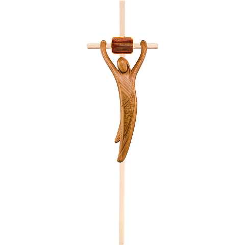 Crocifisso Cristo della gioventù ciliegio con croce - Demetz - Deur - Statua in legno dipinta a mano. Altezza pari a 20 cm.