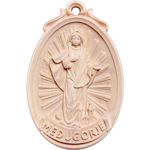 Medaglione Scolpito con Madonna Medjugorje a Figura Intera, Legno Naturale, Altezza: 6 Cm - Demetz Deur
