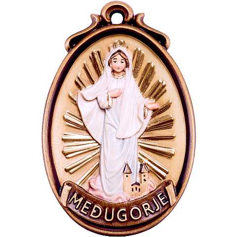 Medaglione Madonna Medjugorje - Demetz - Deur - Statua in legno dipinta a mano. Altezza pari a 12 cm.