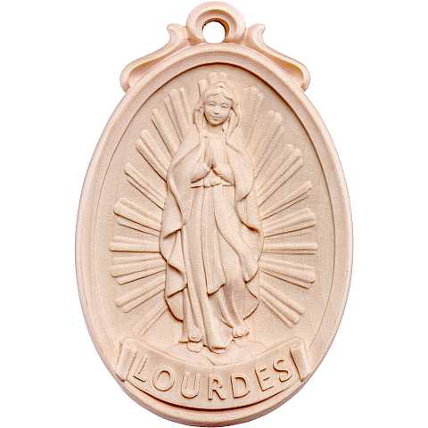 Medaglione Scolpito con Madonna di Lourdes a Figura Intera, Legno Naturale, Altezza: 9 Cm - Demetz Deur