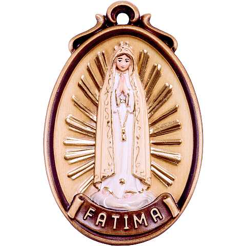 Medaglione Madonna Fatima - Demetz - Deur - Statua in legno dipinta a mano. Altezza pari a 6 cm.