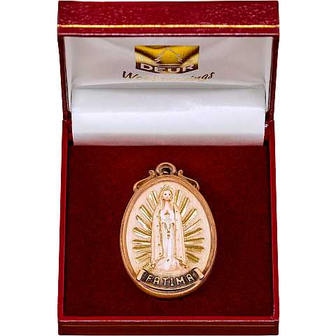 Medaglione Scolpito con Madonna di Fatima a Figura Intera, Legno Colorato Dipinto a Mano, con Scatolina, Altezza: 6 Cm - Demetz Deur