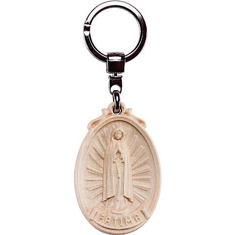 Portachiavi Madonna di Fatima con Medaglione Scolpito, Figura Intera, Legno Naturale, Altezza: 6 cm