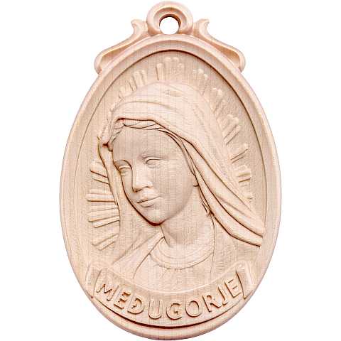Medaglione Scolpito con Volto Madonna di Medjugorje, Legno Naturale, Altezza: 12 Cm - Demetz Deur