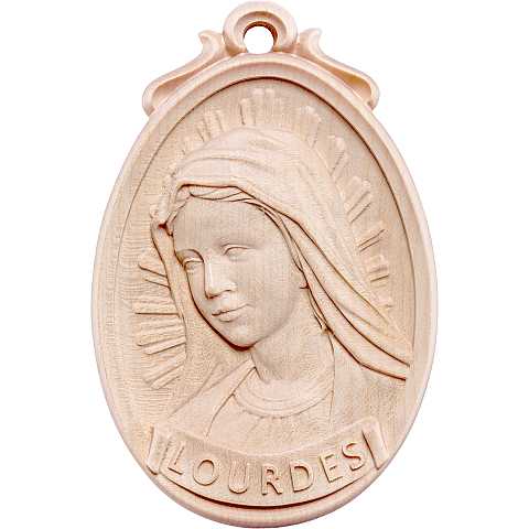 Medaglione Scolpito con Volto Madonna di Lourdes, Legno Naturale, Altezza: 9 Cm - Demetz Deur