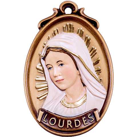 Medaglione Scolpito con Volto Madonna di Lourdes, Legno Colorato Dipinto a Mano, Altezza: 12 Cm - Demetz Deur