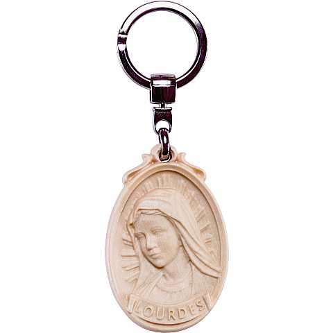 Portachiavi Madonna di Lourdes con Medaglione Scolpito, Volto della Madonna di Lourdes, Legno Naturale, Altezza: 6 cm