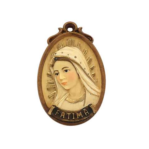 Medaglione Scolpito con Volto Madonna di Fatima, Legno Colorato Dipinto a Mano, Altezza: 6 Cm - Demetz Deur