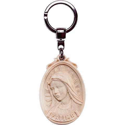 Portachiavi Madonna di Fatima con Medaglione Scolpito, Volto della Madonna di Fatima, Legno Naturale, Altezza: 6 cm