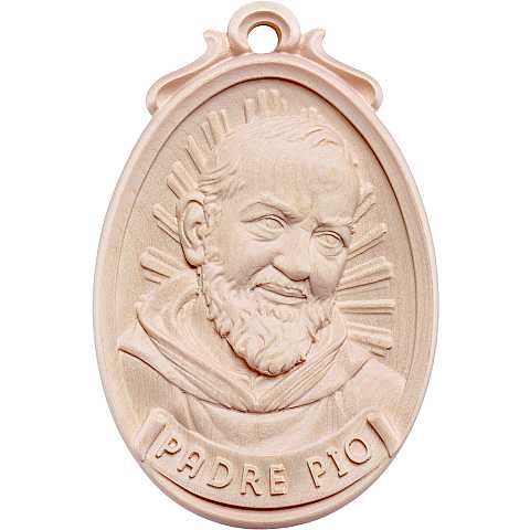 Medaglione Scolpito con Volto di Padre Pio, Legno Naturale, Altezza: 12 Cm - Demetz Deur