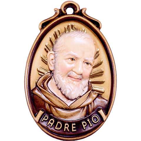 Medaglione padre Pio - Demetz - Deur - Statua in legno dipinta a mano. Altezza pari a 9 cm.