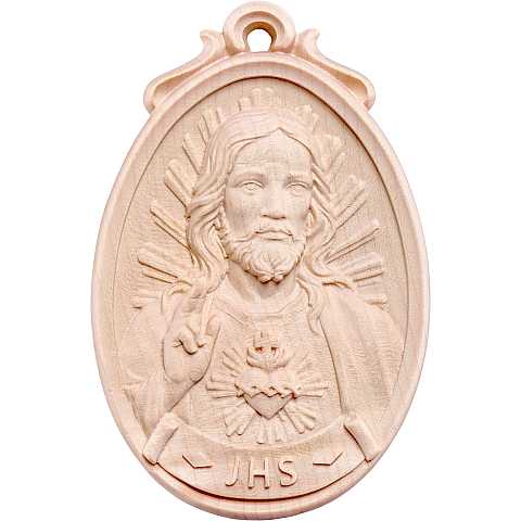 Medaglione Bassorilievo Del Sacro Cuore di Gesù, Rifinitura Legno Naturale, Altezza 12 Cm - Demetz Deur
