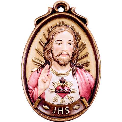 Medaglione sacro cuore di Gesù - Demetz - Deur - Statua in legno dipinta a mano. Altezza pari a 6 cm.