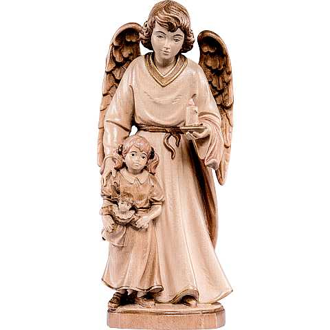 Statua Angelo Custode con Bambina, Legno in 3 Toni di Marrone, Linea da 40 cm - Demetz Deur