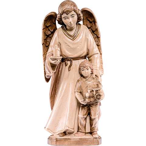 Statua Angelo Custode con Bambino, Legno in 3 Toni di Marrone, Linea da 15 cm - Demetz Deur