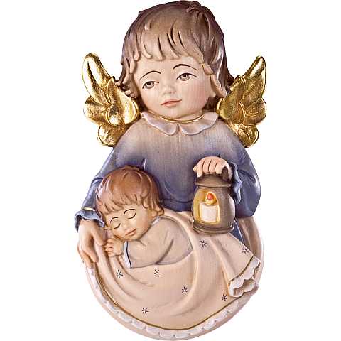 Angelo Custode con Bambino, Bassorilievo da Parete in Legno Dipinto a Mano, Altezza 14 cm, Demetz Deur