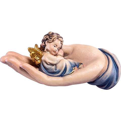 Mano protettrice distesa con angelo azzurro - Demetz - Deur - Statua in legno dipinta a mano. Altezza pari a 14 cm.
