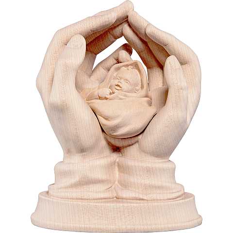 Mani protettrici con neonato - Demetz - Deur - Statua in legno dipinta a mano. Altezza pari a 11 cm.